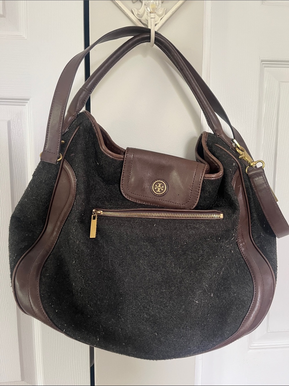 Tory Burch Black Wool Shoulder Hobo with Brown Leather Trim